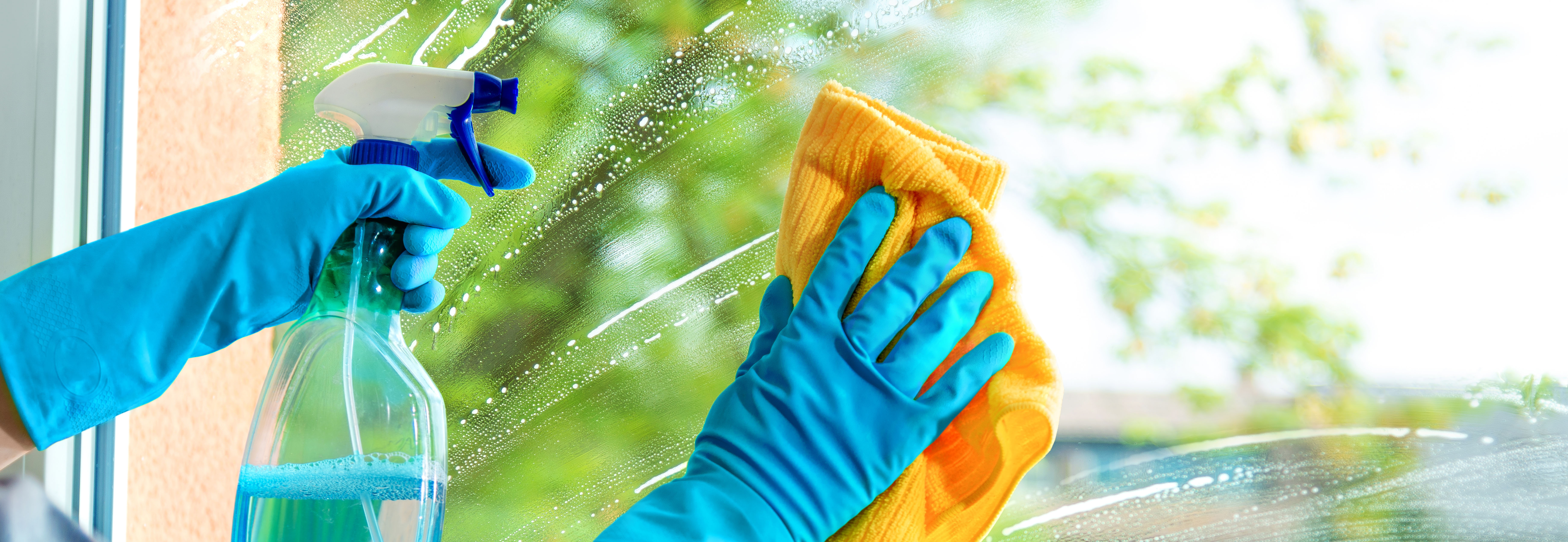 Person reinigt Fenster mit Sprühflasche